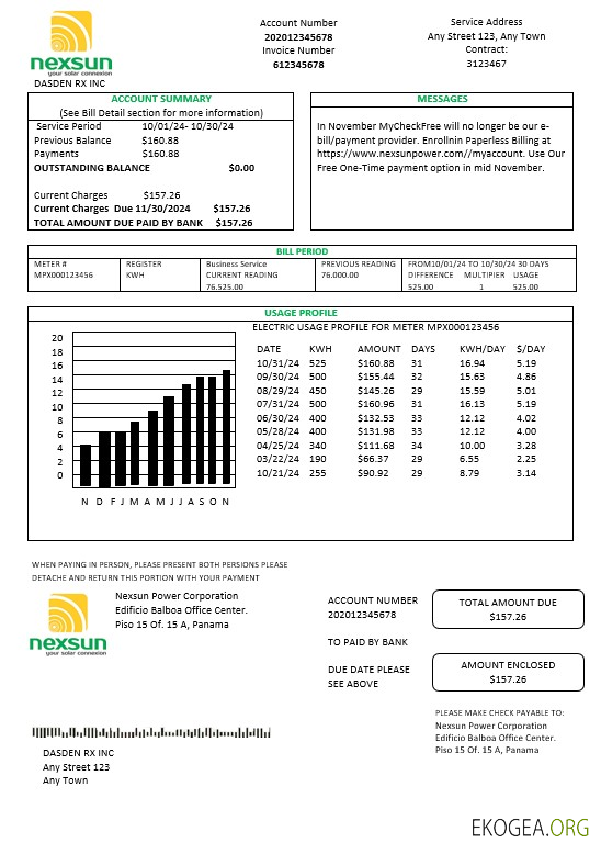 Modèle Word et PDF de facture de services publics d'électricité de Panama Nexsun Power Corporation